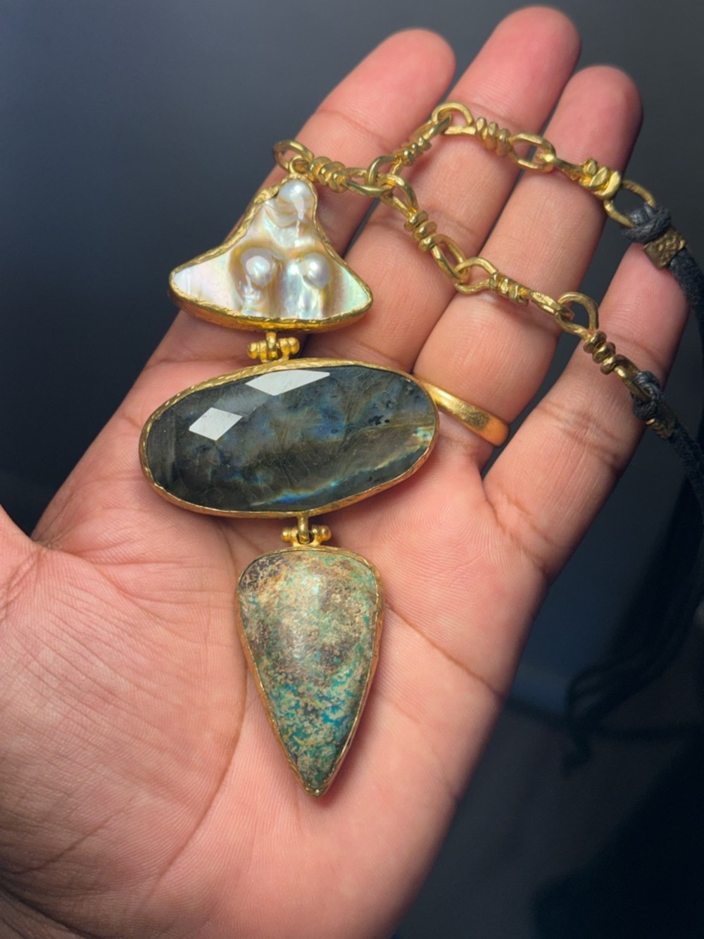 Vintage Artisan Statement Necklace, Multi-Stone Pendant - 68 Grams